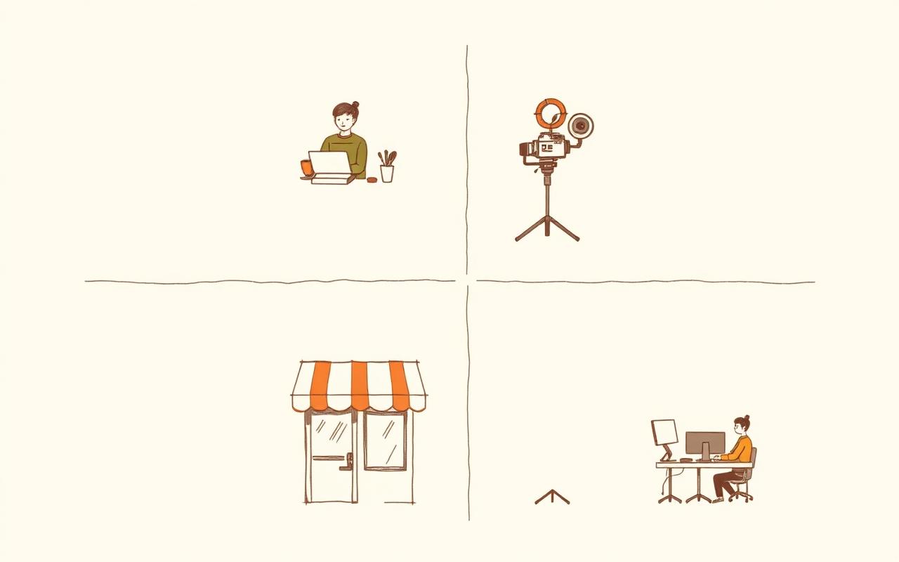 Four desk vignettes in a 2x2 grid: solo at a laptop, creator with camera, small storefront, two-person studio