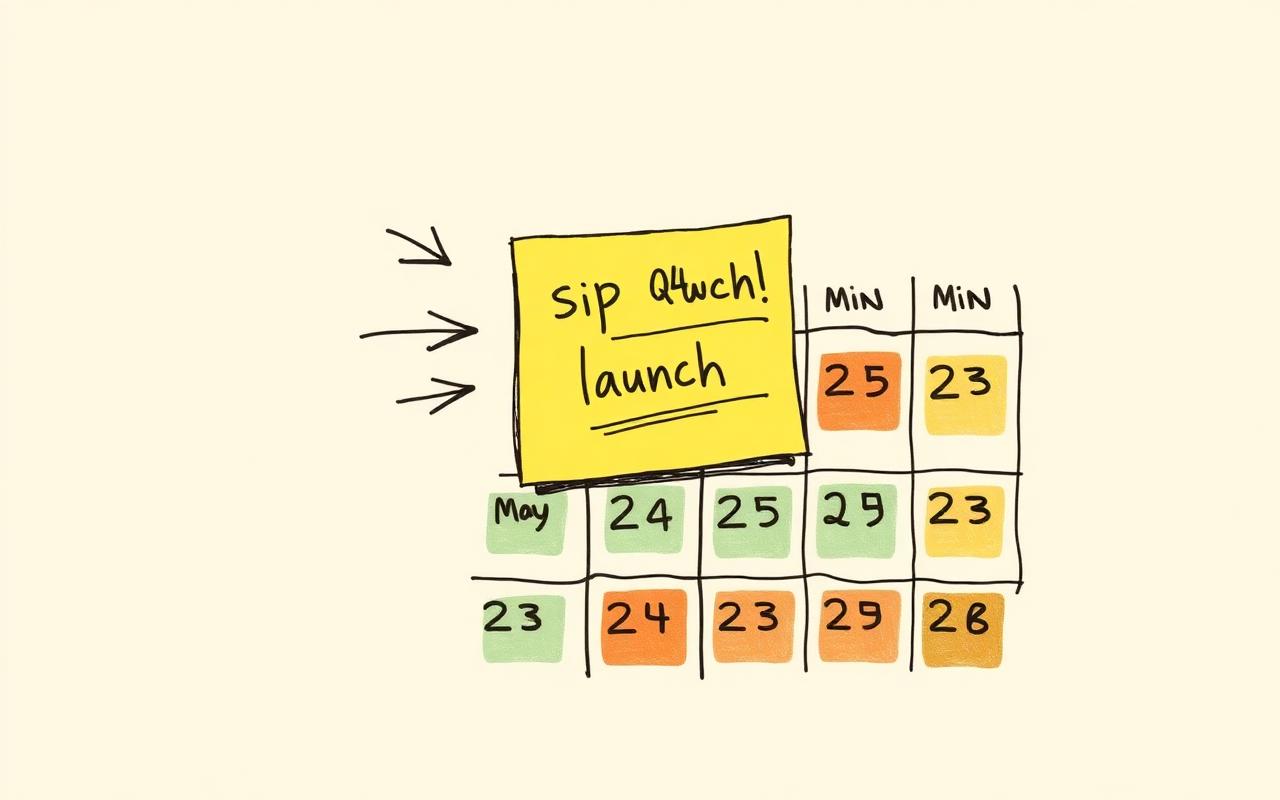 A sticky note with a single goal fanning out into many time blocks on a weekly calendar grid