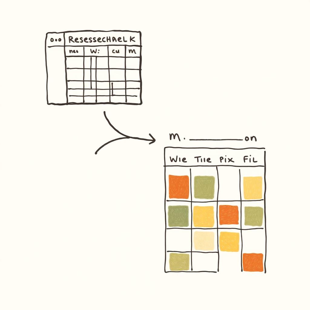 A research table flowing into a weekly calendar with colored blocks