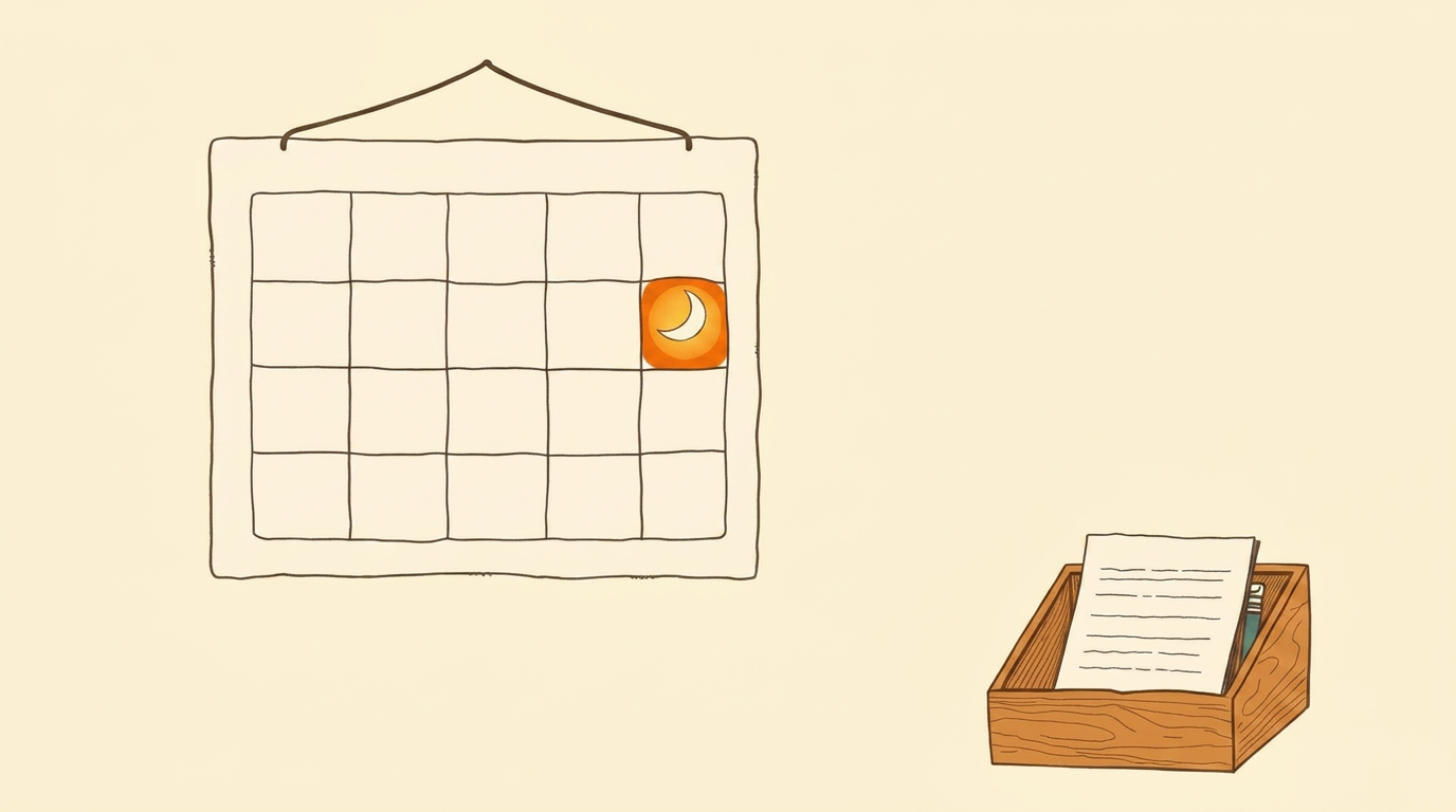 A calendar block glowing at night, sliding a finished document into an inbox tray