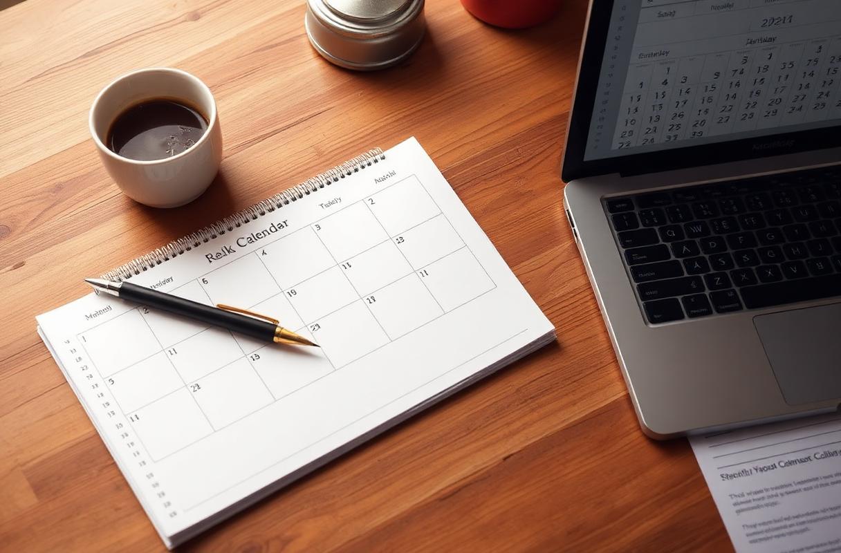An open paper calendar planner with a pen, coffee and a laptop showing a calendar grid on a wooden desk