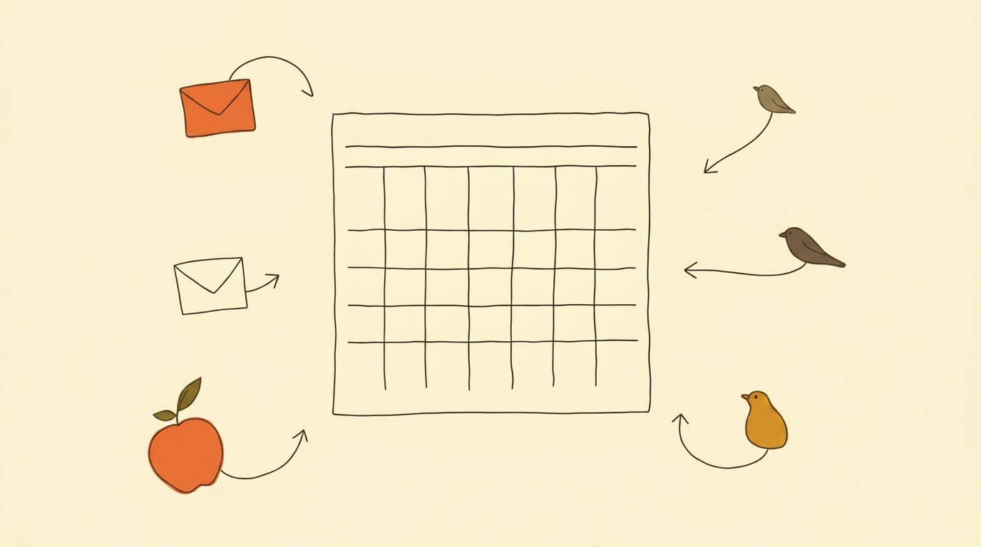 One central calendar with envelopes, an apple and bird silhouettes flowing into it