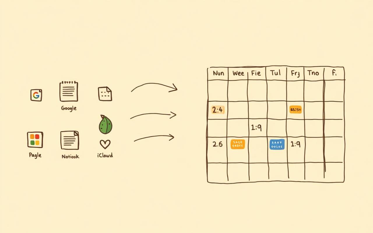 Multiple calendar source icons flowing into one weekly calendar grid