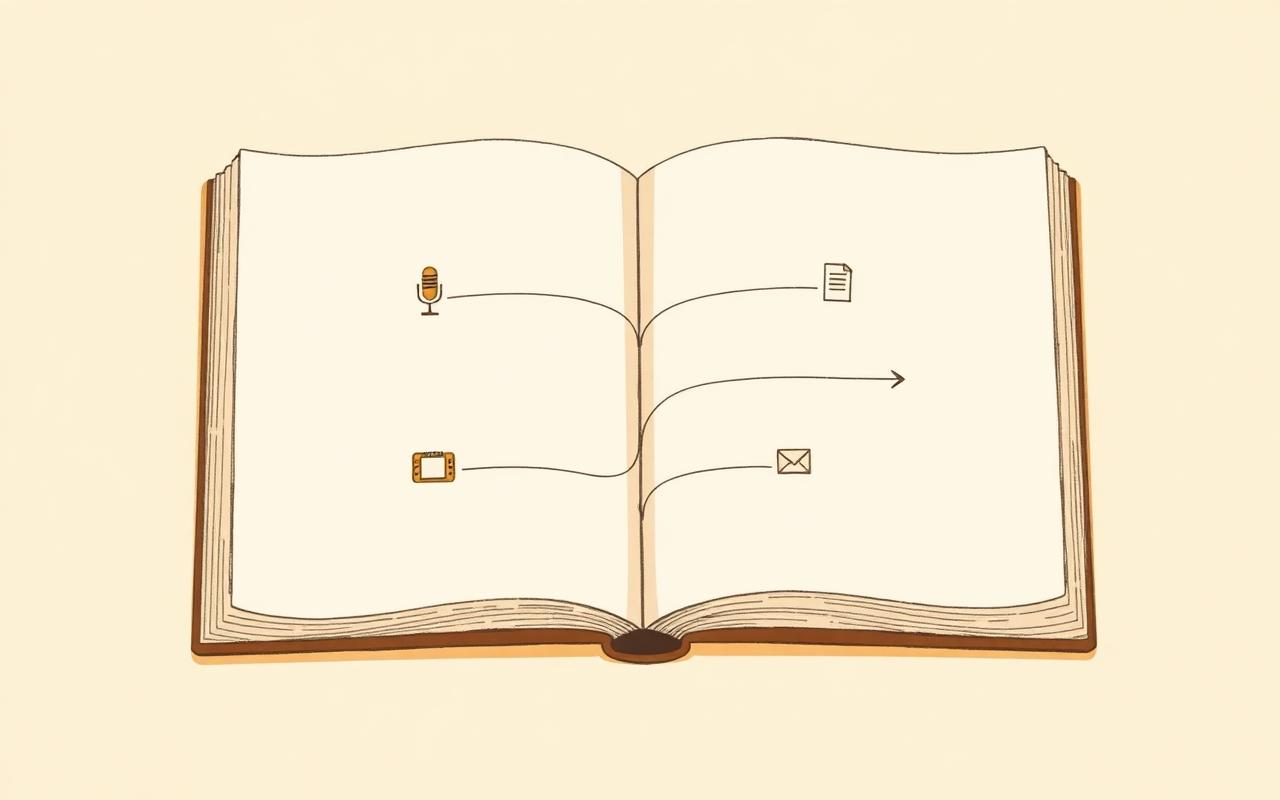 An open recipe book showing icon flows: microphone to slides, ticket to code, phone to envelope