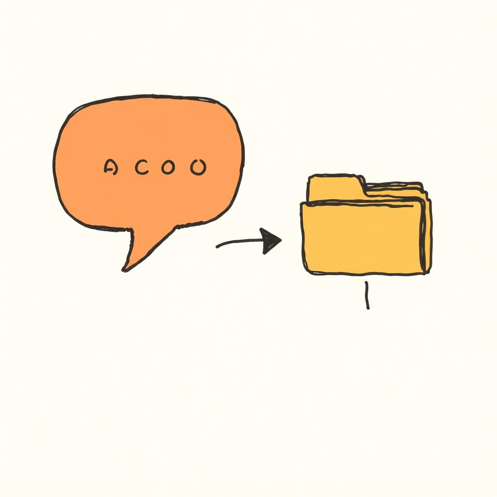 A chat speech bubble exchanging an arrow with a nested folder tree