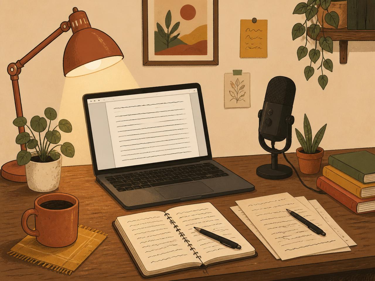 A creator's Sunday-night desk with laptop showing a newsletter draft, handwritten notes and a podcast microphone