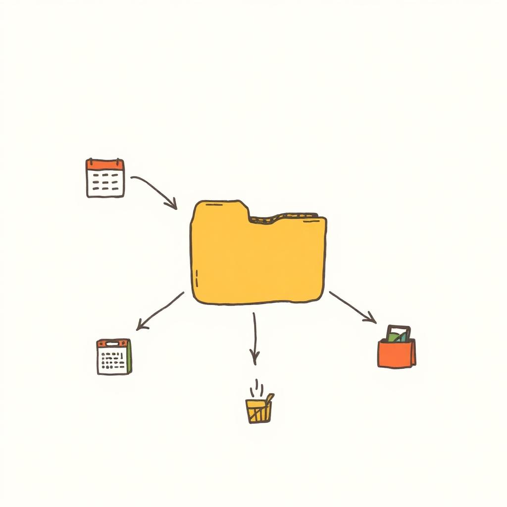 A tidy folder connected by arrows to a calendar, a chat bubble, and a shopping bag of skill cards