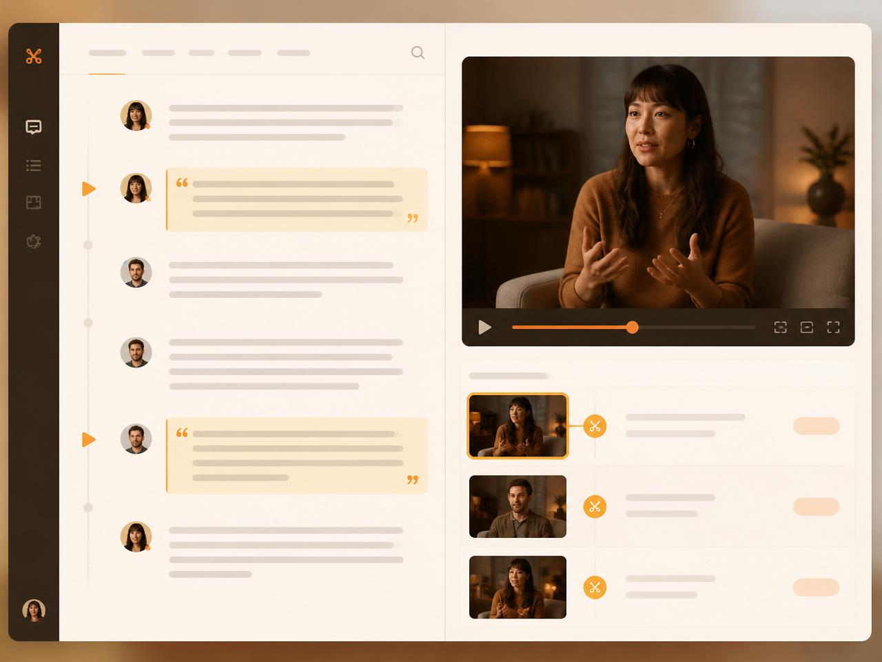 Transcript-first outline with best sound-bites and timecodes