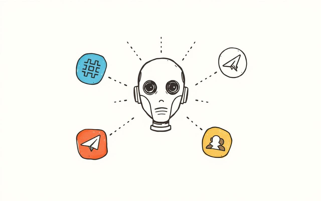 A central agent head with dotted lines reaching out to Slack, Discord, Telegram, and Lark icons