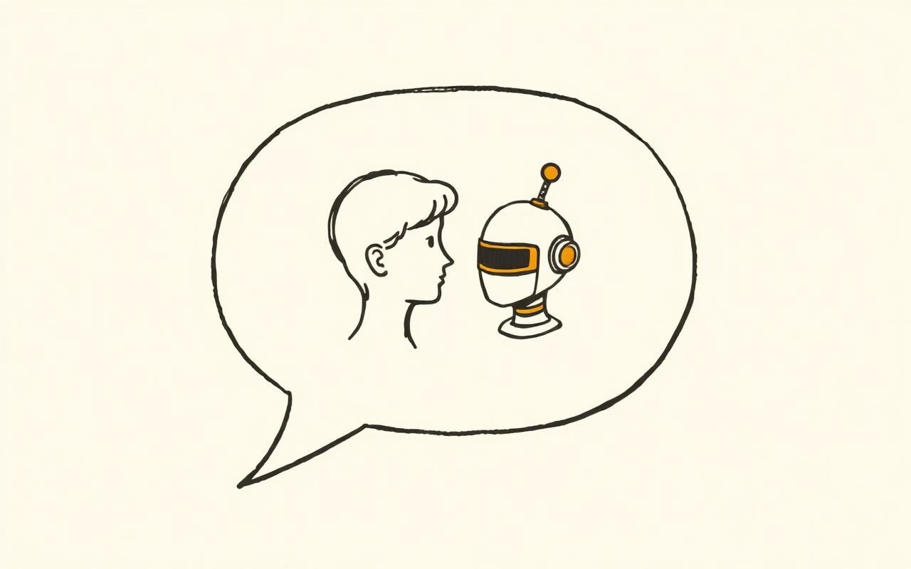 Speech bubble holding a human silhouette and an agent head as equal peers