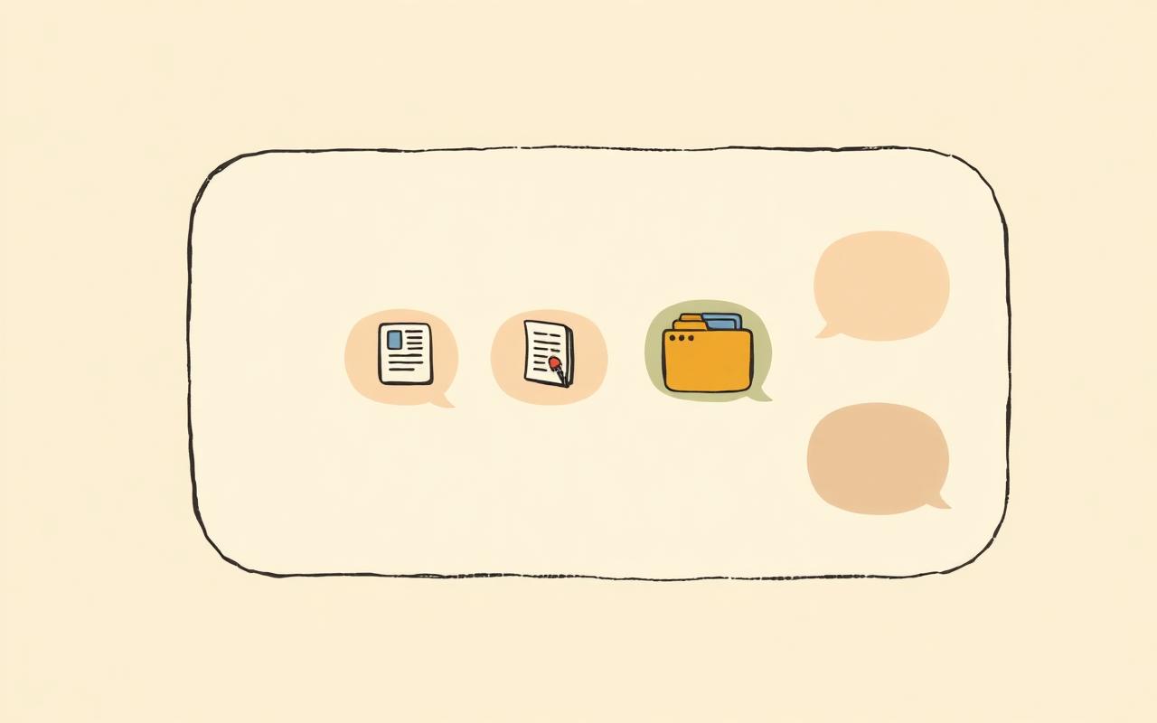 A group chat panel where agent bubbles deliver document, folder and slide icons instead of text