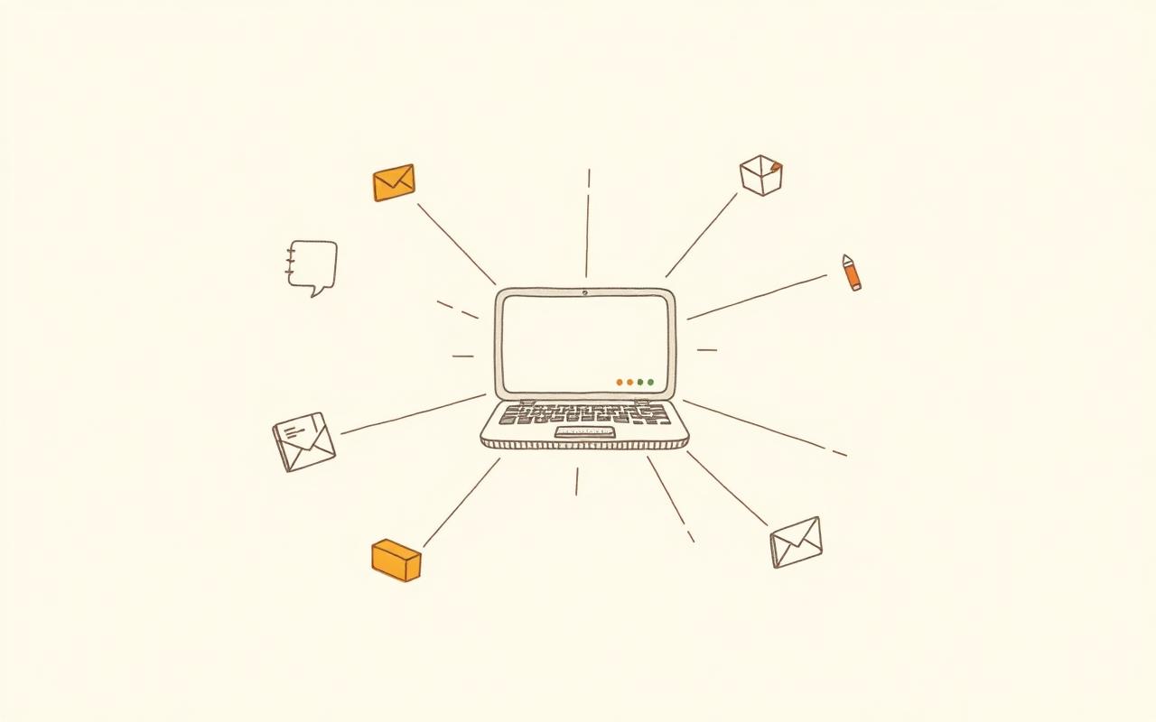 A laptop hub with notes, chat bubbles, files and a small cube radiating outward as connected tools