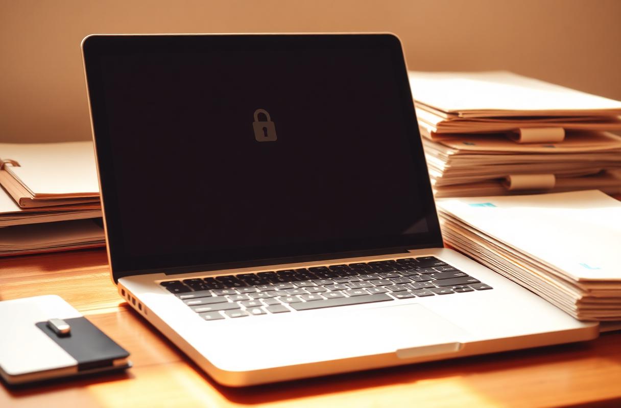 A laptop on a wooden desk with stacks of paper file folders beside it and a padlock glyph on the screen