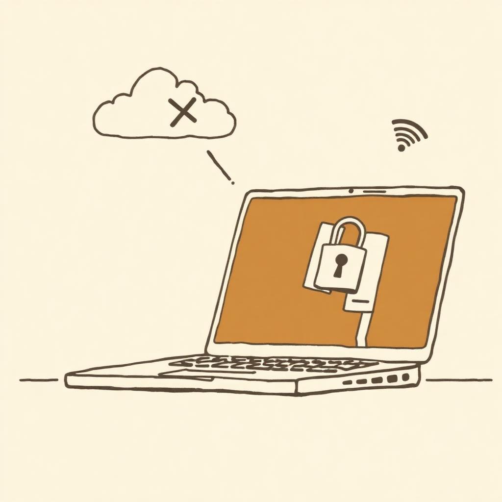A laptop on a desk with a padlock on its screen, a crossed-out cloud floating above, and a WiFi-off icon