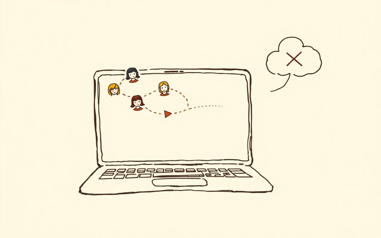 A laptop with three agent heads flying out of the screen and a crossed-out cloud beside it