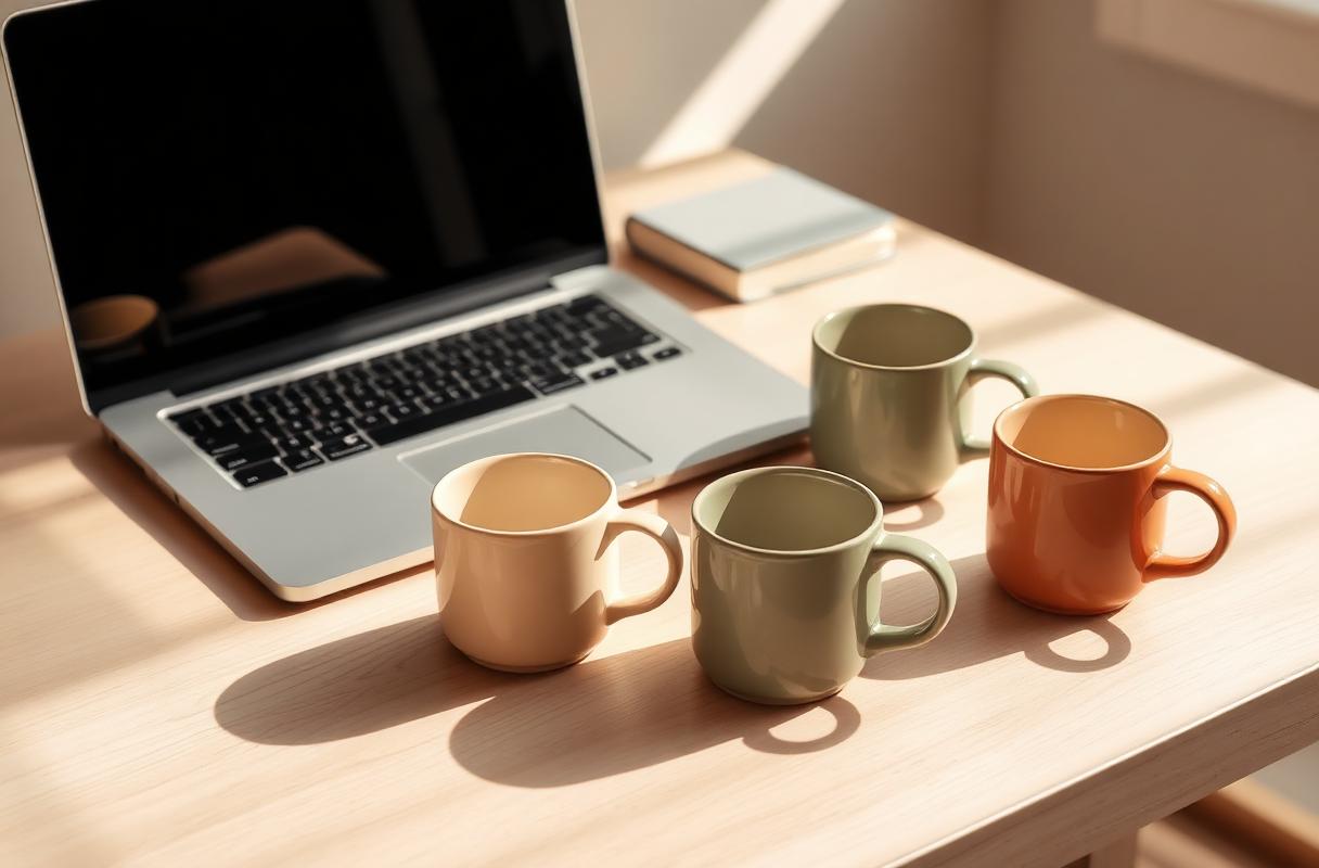 Four ceramic coffee mugs of different colors lined up beside a laptop on a wooden desk