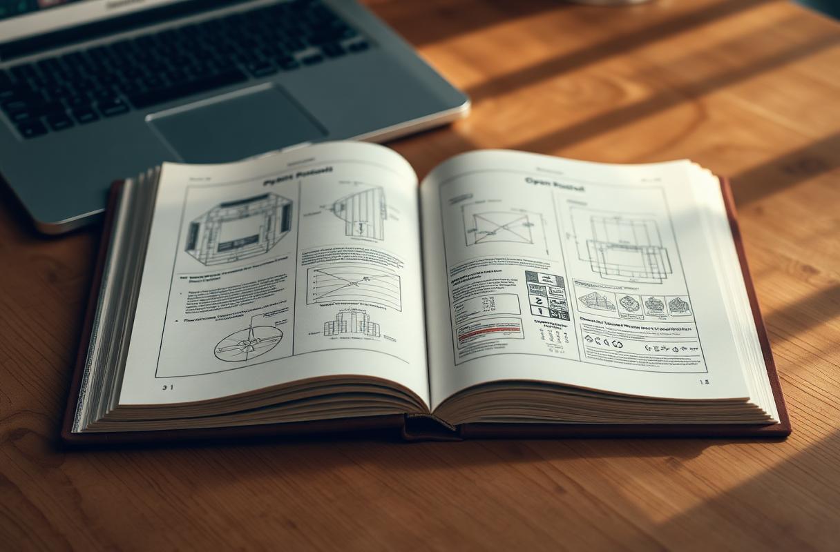 An open hardcover book with blueprint diagrams on a wooden desk beside a laptop
