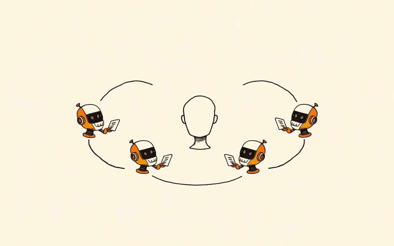 Three agent heads in a circle exchanging document cards with a human watching from the center