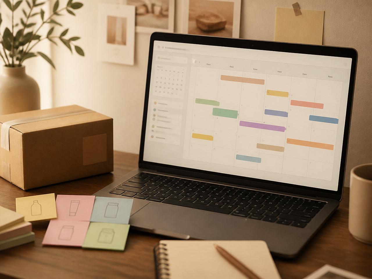 A SKU launch calendar with photography, copy and announce blocks