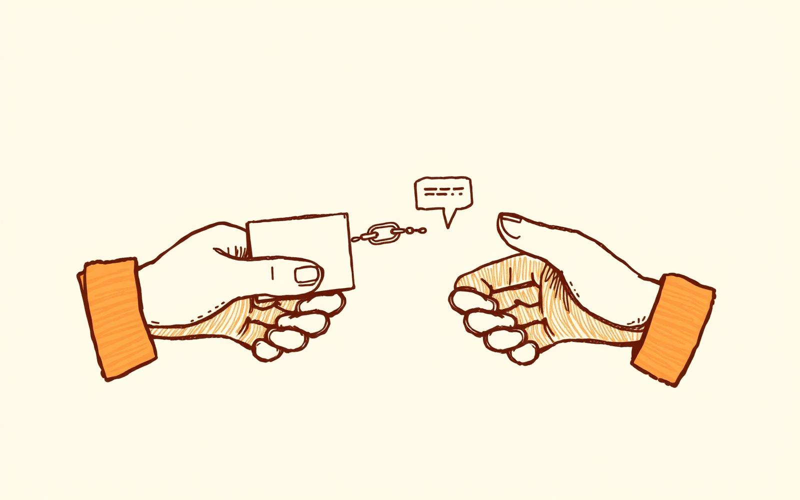 Passing a combo card between two hands via a link