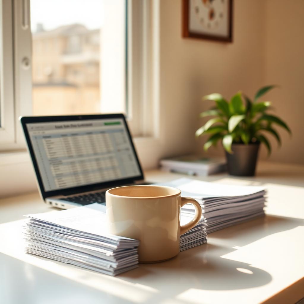 A small business owner's desk with laptop showing a spreadsheet, printed contracts and coffee