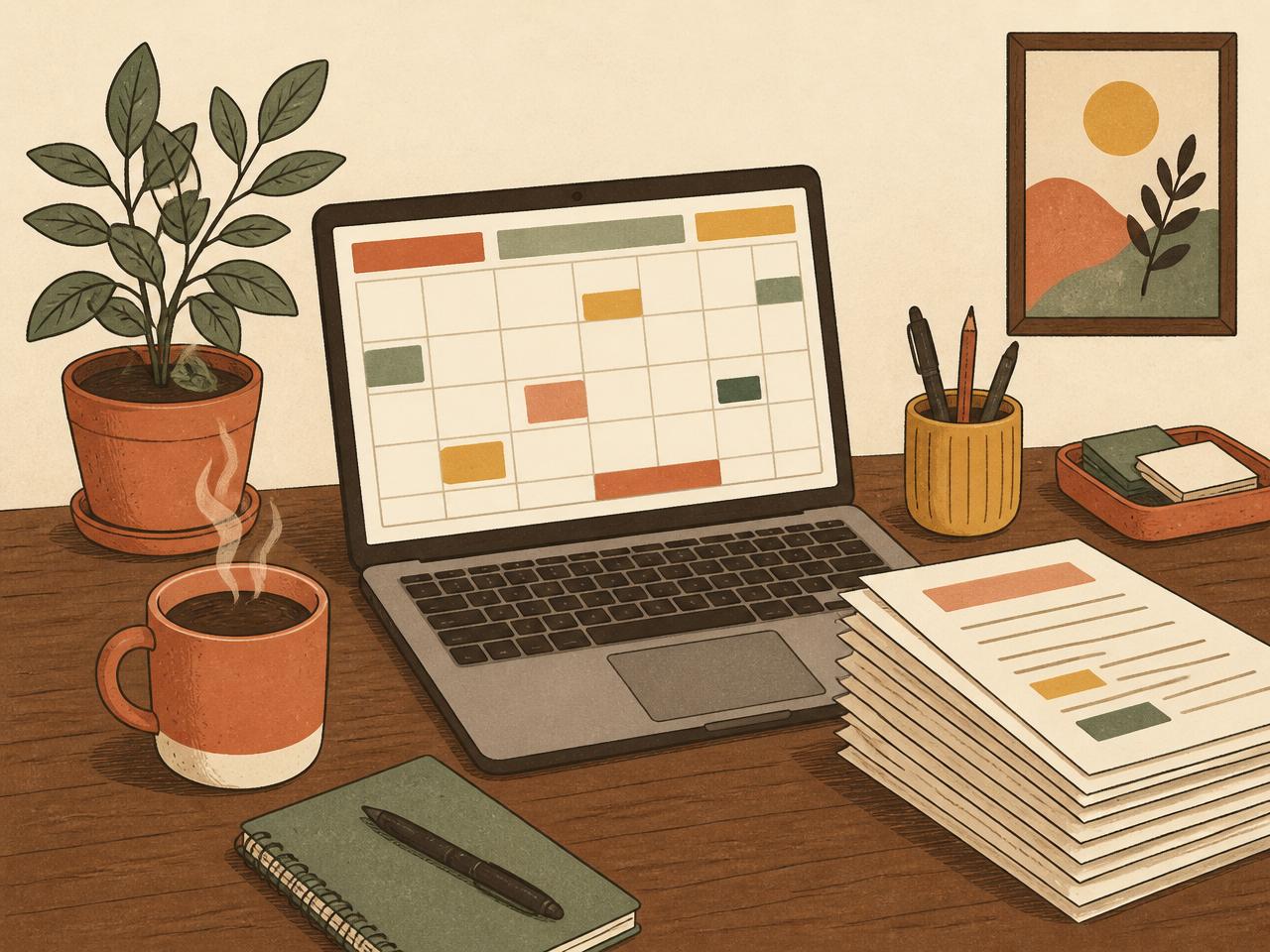 A small business owner's Monday-morning desk with laptop showing a calendar, printed invoices and coffee