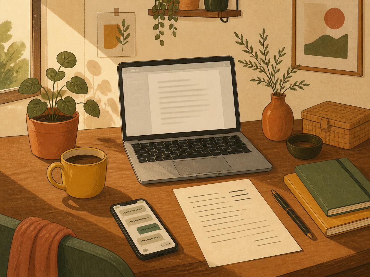 A solopreneur's afternoon desk with laptop showing a proposal, a printed invoice, and a phone with a client thread