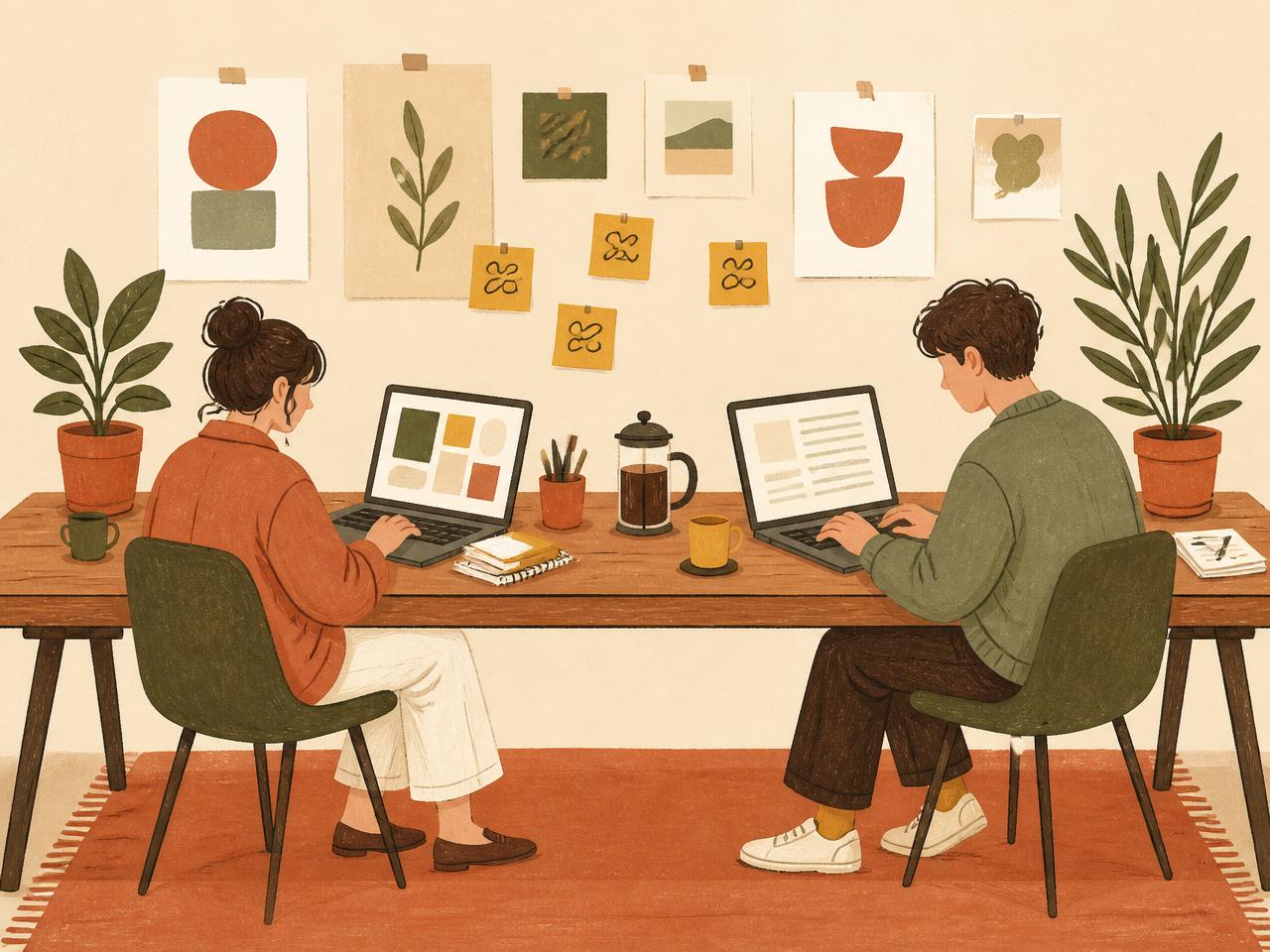 A shared studio table with two facing laptops, sticky notes and a coffee pot